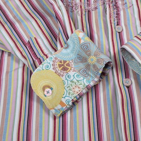 Robert Graham Mens Striped Embroidered Long Sleeve Button-Up Shirt, XL - Picture 6 of 9